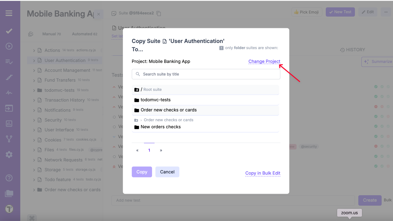 Testomat.io - 'Change project' button